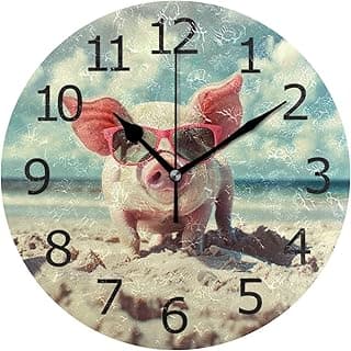 Relógio de parede redondo com porco engraçado na praia, sem tique-taque, números de 1 a 12.