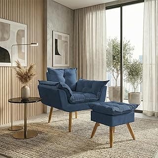 Kit Poltrona Decorativa Confortável Para Sala Recepção Manicure com Puff Para Quarto Penteadeira Closet Quadrado Tecido Suede (Azul Marinho)