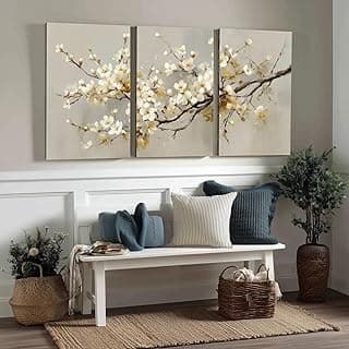 Kit de 3 quadros decorativos canvas com flores brancas e amarelas, fundo cinza, para decoração de quarto, sala ou corredor.
