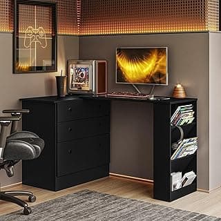 Escrivaninha Mesa Escritório em L Retrátil com Cômoda Módulos e Complementos 3 Gavetas 91,3cm Preto Preto