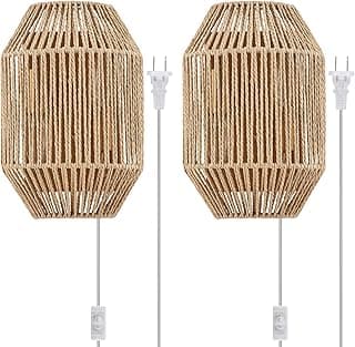 Luminárias de parede de vime natural com acabamento em latão antigo, conjunto de 2