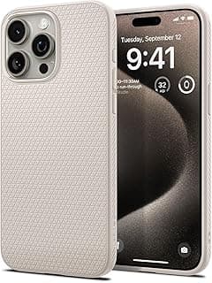Capa Spigen Liquid Air para iPhone 15 Pro em Titânio Natural, cinza claro com padrão de triângulos em relevo.