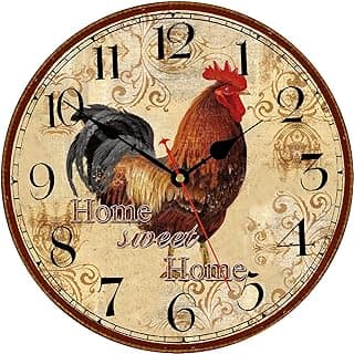 Relógio de parede Farmhouse Rooster vintage com galo e texto 'Home sweet Home', números arábicos, fundo floral.