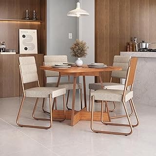 Conjunto de sala de jantar Charlotte Carraro com mesa redonda e quatro cadeiras em nogueira