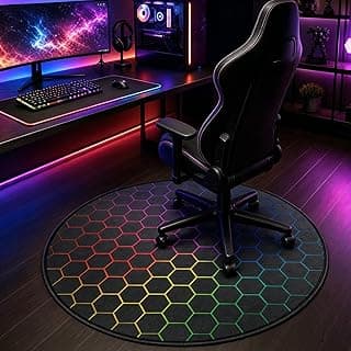 Tapete circular antiderrapante para cadeira de jogos com padrão hexagon RGB, cor preta, para piso de madeira