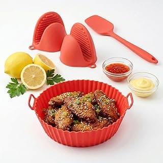 Kit de panela Air Fryer vermelho com espátula e luvas térmicas, molho de churrasco e ervas.