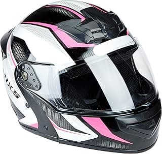 Capacete de motocicleta preto, branco e rosa com viseira transparente