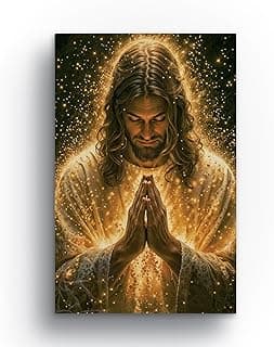 Quadro em tela canvas de Jesus Cristo em oração com luz dourada e fundo escuro, 60x40cm