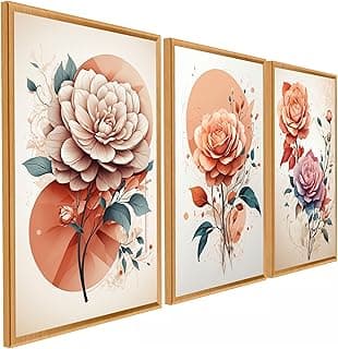 Kit de 3 quadros decorativos com flores abstratas em tons de rosa e laranja