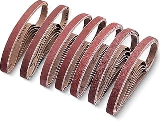 Correias de lixamento de 1,27 cm x 45,72 cm com diferentes grãos, dispostas em um fundo branco