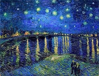 Pintura 'Noite Estrelada Sobre o Ródano' de Vincent van Gogh, céu estrelado e reflexos no rio
