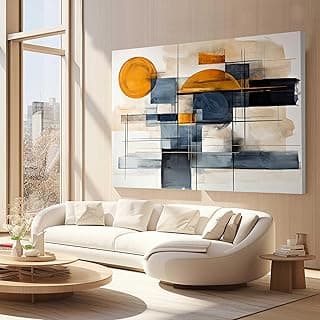 Quadro decorativo abstrato laranja e azul para sala de estar, grande, 130x90 cm