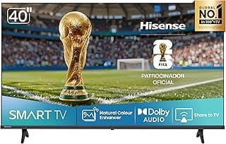 Hisense Smart TV FHD 40 polegadas exibindo cena de futebol com taça da Copa do Mundo