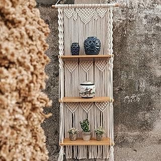 ELASAD Prateleira para pendurar na parede de macramê, prateleiras de macramê de 3 camadas, prateleira de banheiro boho, prateleiras flutuantes boho feitas à mão para plantas e decoração