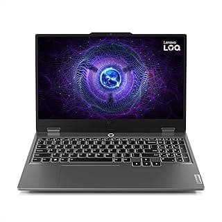 Notebook Lenovo LOQ 15IRX9 cinza aberto com teclado preto e tela com imagem abstrata