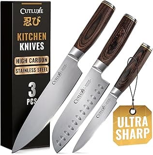 Conjunto de 3 facas de chef Cutluxe com cabos de madeira e lâminas de aço inoxidável de alto carbono, ultra afiadas.