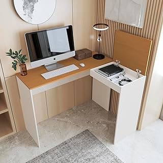 Mesa Escrivaninha Home Office Computador Penteadeira Compacta em L com Gaveta Basculante Madeira MDP Moderna Quarto Estudo Trabalho (OFF WHITE/CEDRO)