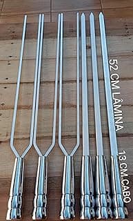 Kit de espetos para churrasco em alumínio 65 cm com 6 peças, fundo de madeira