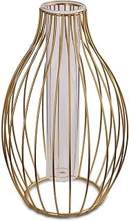 Vaso aramado dourado com estrutura em arame e vidro transparente, ideal para decoração.
