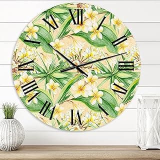 Relógio de parede moderno com folhagem tropical e flores amarelas para decoração de casa
