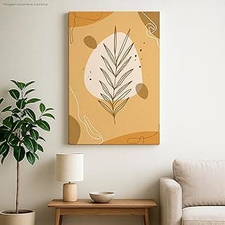 Quadro Decorativo Minimalista em Tela, Arte Abstrata Botânica, Bege e Dourado, para Sala e Quarto