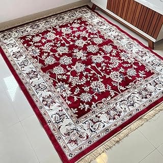 Tapete de sala persa vermelho e branco com design floral e franja