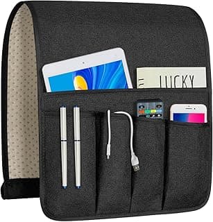 Suporte de braço para sofá preto com 5 bolsos e itens organizados