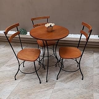 Conjunto mesa redonda e três cadeiras estilo industrial com mesa de madeira e metal preto