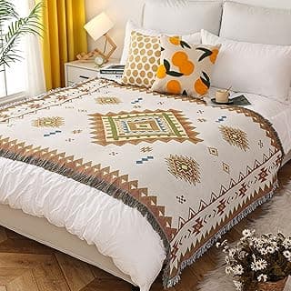 LumiSyne Manta de Arremesso Dupla Face em Algodão Têxtil com Borla Boho Estilo Étnico Padrão Geométrico, Decorativa para Sofá, Cama, Poltrona, 130x180cm