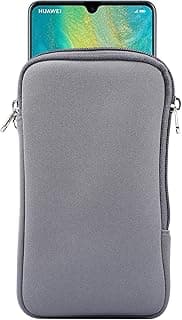 Bolsa de neoprene cinza para smartphones, com zíper e compartimento frontal, vista frontal.