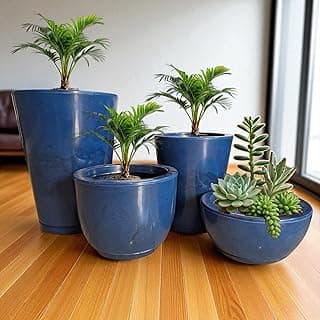 Kit de 4 vasos para plantas com colunas redondas azuis, plantas verdes, em piso de madeira