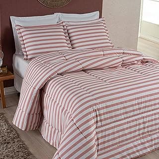 Edredom queen size rosa e branco com listras, 3 peças, Blessed