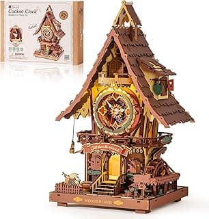 Relógio de cuco de madeira 3D montado, modelo ROBOTIME, com 435 peças e iluminação, para entusiastas de artesanato.