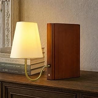 Luminária de mesa com cúpula de linho e suporte de livros de madeira