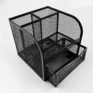 Organizador de mesa preto de metal quadrado com compartimentos para lápis e canetas