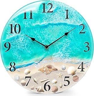 Relógio de parede náutico costeiro com design de praia, conchas e estrelas do mar, azul-petróleo, 30,5 cm
