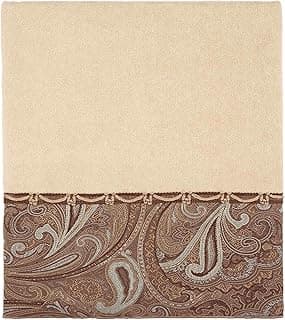 Toalha de banho de linho com borda decorativa, cor bege e marrom, padrão floral.
