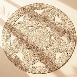 Tapete redondo de juta trançado boho com design circular em relevo, sisal texturizado, cor bege claro