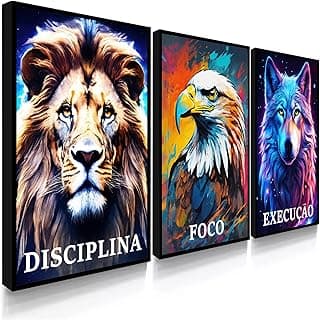 Quadros decorativos com leão, águia e lobo, palavras disciplina, foco e execução