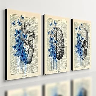 Kit 3 quadros decorativos medicina com coração, cérebro e crânio em fundo de livro