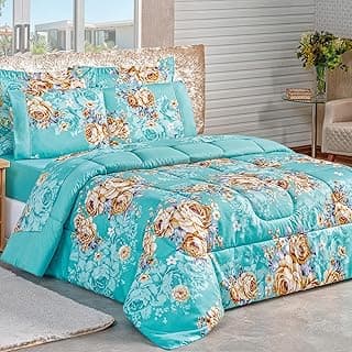 Kit Edredom Queen com Estampa Floral Azul e Amarelo - Todas as Estações