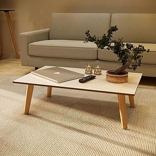 Mesa de Centro Moderna, 80 x 42 cm, Tampo MDF, Pés em Madeira Maciça, Altura 32,5 cm (Off White-Freijó)