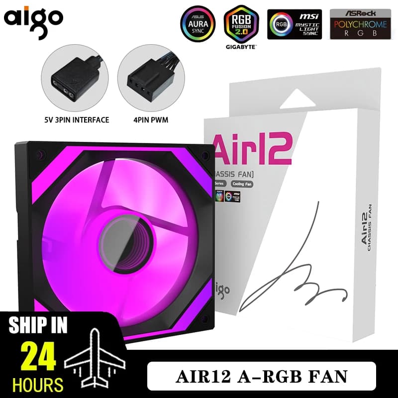 Aigo-Air12 Ventilador da caixa do computador, Ventilador CPU, Espaço Ilimitado, PWM, PC 120mm, RGB, 12cm, 3Pin, 5V, 12cm