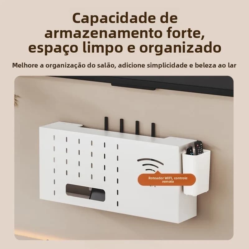 Suporte de parede minimalista branco para TV com armazenamento e compartimento para controles remotos