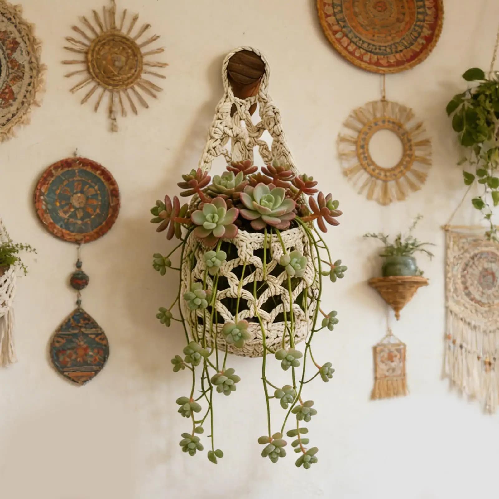Suporte de plantas em macramê branco com plantas pendentes e folhas verdes