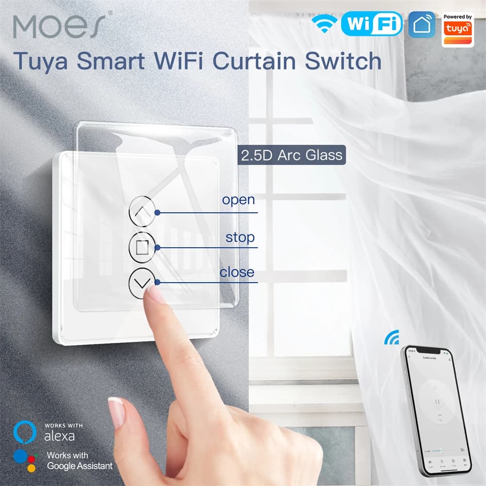 Interruptor de cortina inteligente Moes WiFi RF433 com vidro de arco 2,5D, controle de toque, compatível com Alexa e Google Assistant