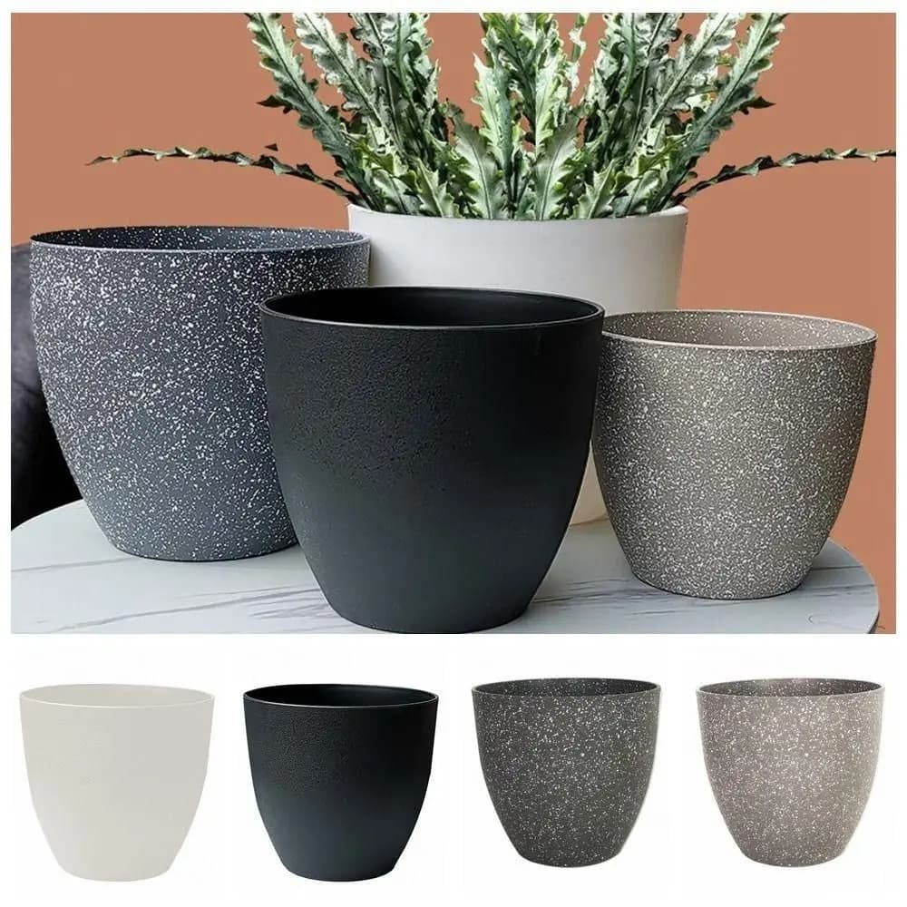 Vasos de plástico criativos para bonsai com acabamento fosco e imitação de pedra em cinza, preto, branco e marrom.