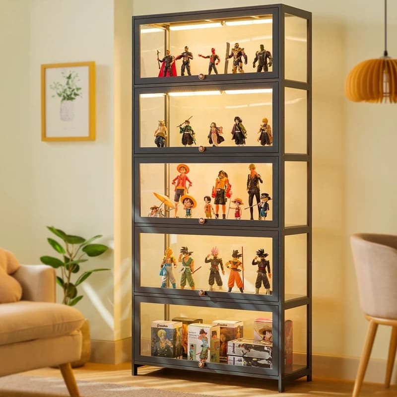 Armário de exibição feito à mão, armário de exibição transparente de imitação de vidro à prova de poeira, caixa de armazenamento acrílica de brinquedo Lego, prateleira de estante