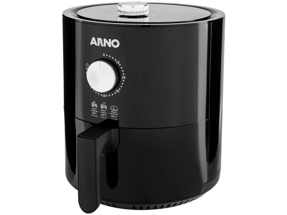 Fritadeira Elétrica sem óleo/Air Fryer Arno - 220V, preta, com controle rotativo e rótulos de temperatura e tempo.