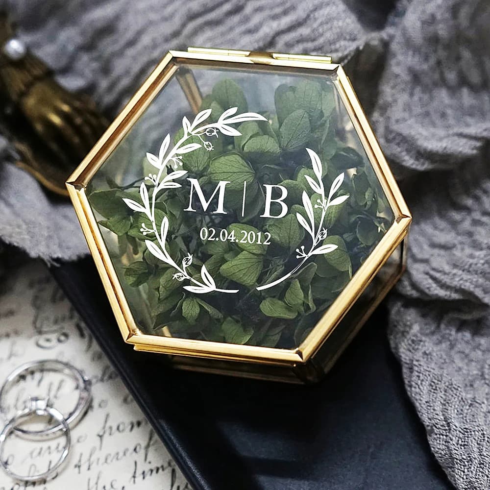 Caixa de anel de casamento de vidro personalizada, proposta de noivado hexagonal, suporte de anel de casamento, portador de anel personalizado, presentes de casamento, lembrança de festa